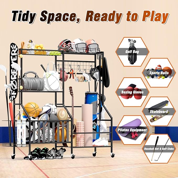Sports Equipment Organizer Pro, Heavy Duty Golf Bags Stand, Extra Large Ball Storage Rack for Garage, Sports Gear Storage with Pegboard and Hooks, 360° Swivel Wheels