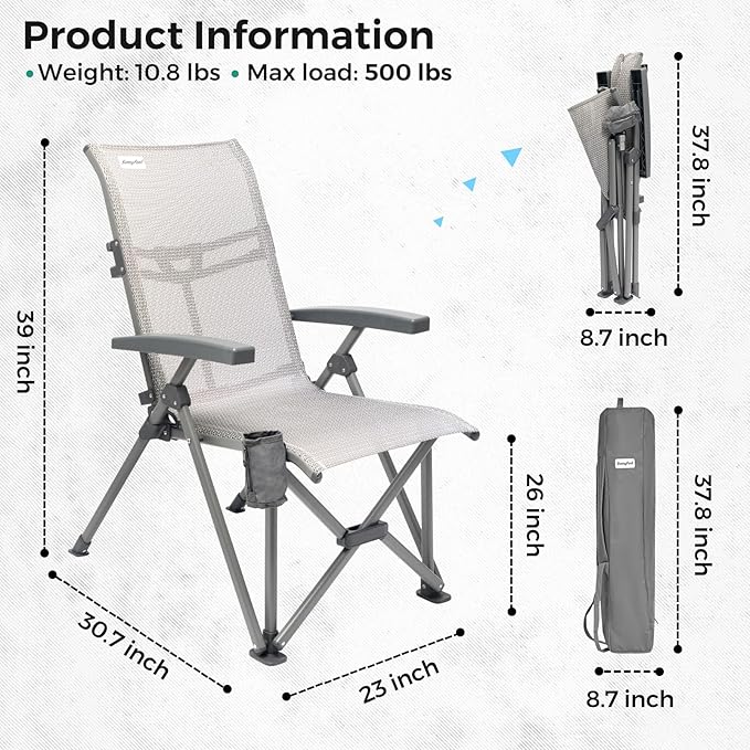 SUNNYFEEL 3-Position Recliner High-Back Camping Chair, Heavy Duty 500lbs Folding Chair with Hard Armrests & Cup Holder, Grey Ergonomic Chairs TPEE Breathable Mesh for Outdoor, Camp, Beach, Travel