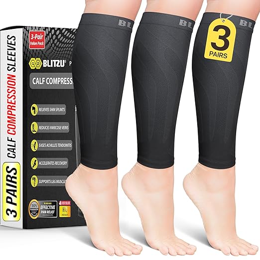 BLITZU 3 Pairs Calf Compression Sleeves for Men and Women. Footless Compression Socks & Leg Support for Running, Travel, Nursing, Fitness. Shin Splints Pain Relief & Reduce Swelling Black 3XL