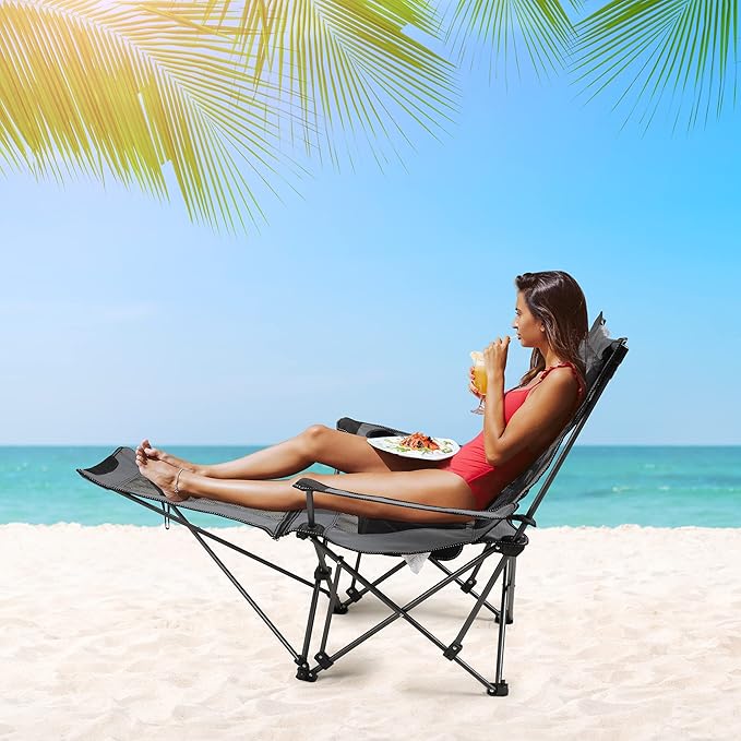 LEADALLWAY Camping Folding Chair with Foot Rest, Collapsible Camp Chair with Cup Holder and Removable Storage Bag, Heavy Duty Beach Chair for Outdoor Camp, Picnic, Travel, Fishing