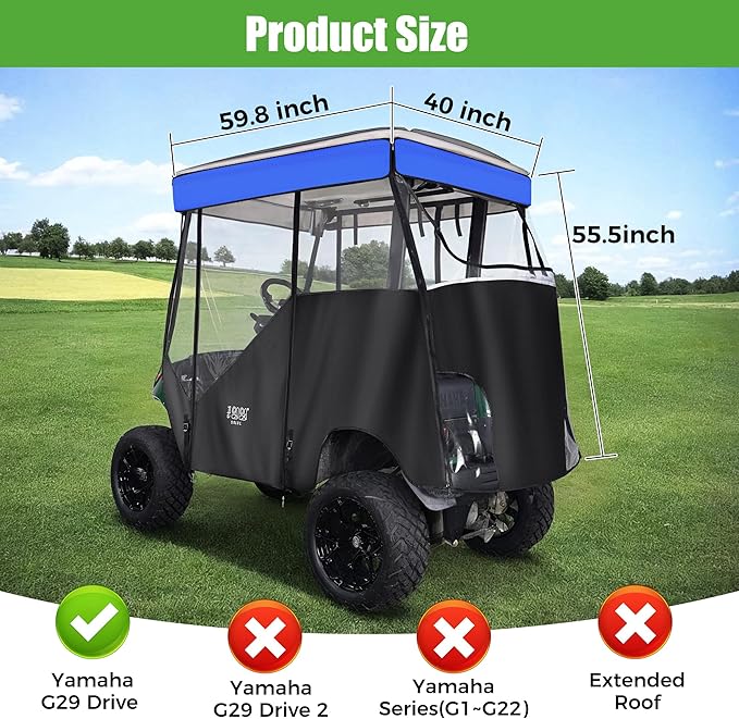 10L0L 3-Sided Track Style Golf Cart Enclosure fit 2 Passenger Yamaha G29 Drive,Waterproof 600D Oxford Cloth Yamaha Rain Cover with Aluminum Pre-Drilled Track,Clear PVC Windshield-Blue Valance