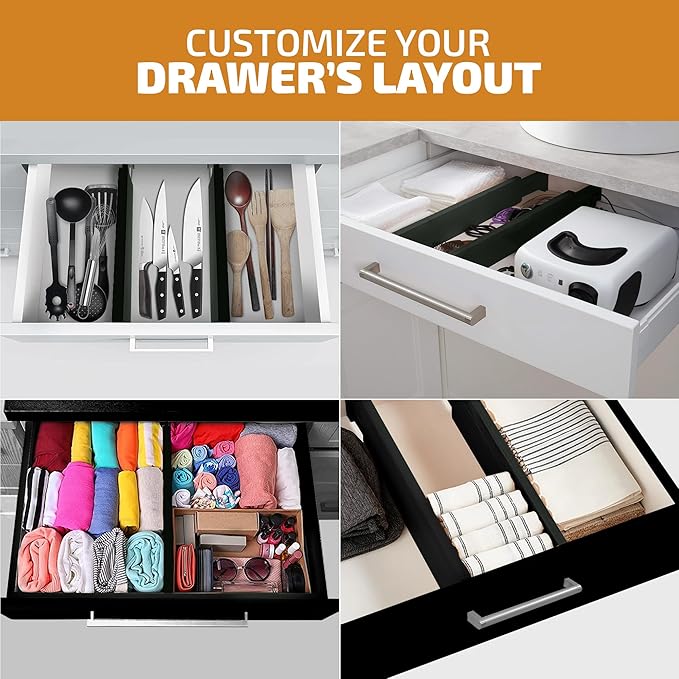 4 Pack Drawer Divider - Bamboo 2.6" High, 12.5-17" Adjustable Drawer Organizers for Clothes, Expandable Dresser Separators in Bedroom, Bathroom, Kitchen, Office Organization and Storage (Black)