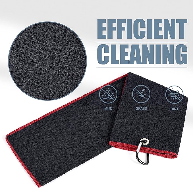 Mile High Life Tri-fold Golf Towel | 16" X 24" | Premium Microfiber Fabric | Waffle Pattern | w Heavy Duty Carabiner Clip | for Men and Women (2 Pack Black/Red)