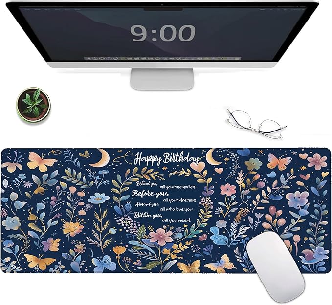 Happy Birthday Large Gaming Mouse Pad,Festival Party Desk Mat,31.5x11.8x0.12in Extended Non-Slip Rubber Moon Floral Blue Mousepad,Computer Deskmat Gifts,Laptop Mice Pads Decor for Home Office