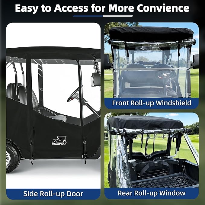 Golf Cart Enclosure Rain Cover 2&4Passenger, EZGO TXT RXV/Club Car Ds&Precedent and Yamaha, 600D Rain Cover Waterproof Windproof Snowproof and All-Weather Protection