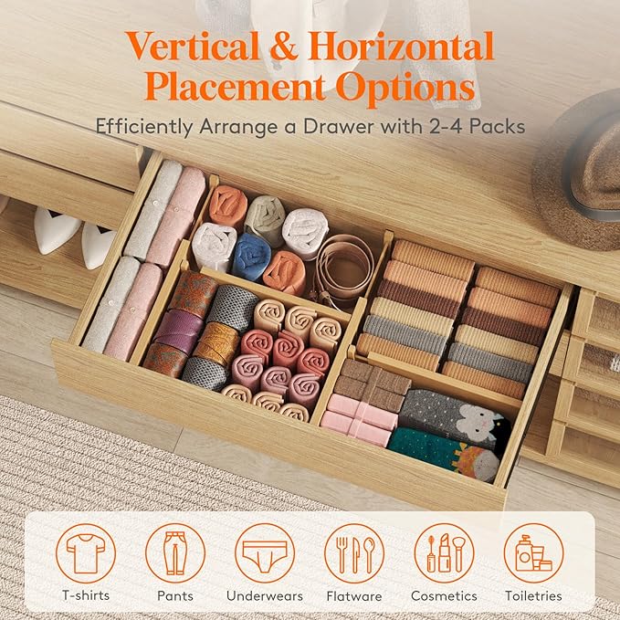 Lifewit 8 Pack 4" High Bamboo Drawer Dividers, 12-16" Adjustable Drawer Organizers for Clothes, Wood Dresser Drawer Divider, Expandable Deep Drawer Separators for Dresser, Kitchen, Bedroom, Bathroom
