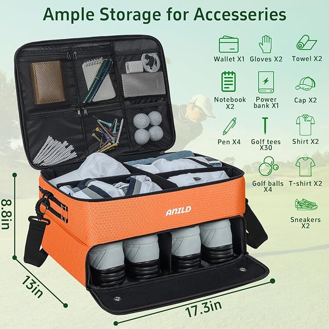 ANILD Golf Trunk Organizer, 2 Layer Golf Storage Case with Separate Ventilated Compartment for 2 Pair Shoes, for Balls, Tees, Clothes, Gloves, Accessories, Golfer Gifts