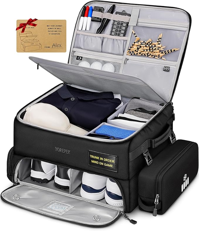 YOREPEK Upgraded Golf Trunk Organizer, Christmas Gifts for Golfers, with Removable Insulated Pouch&Dust-Proof Protective Layer, Multi-Compartment fits 2 Pairs of Shoes, Golf Accessories