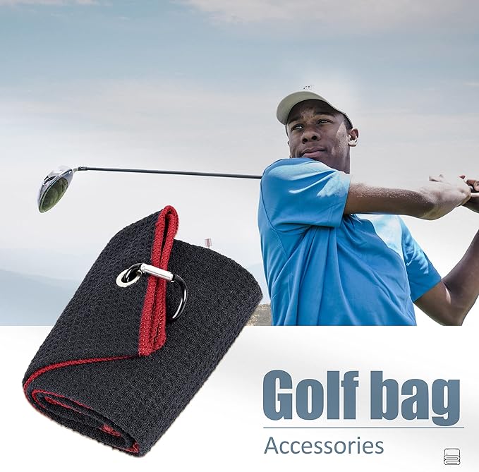 Mile High Life Tri-fold Golf Towel | 16" X 24" | Premium Microfiber Fabric | Waffle Pattern | w Heavy Duty Carabiner Clip | for Men and Women (2 Pack Black/Red)