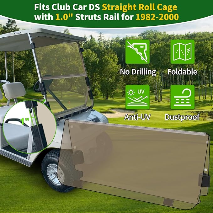 Golf Cart Foldable Windshield 3/16" (5MM) Only Fits 1982-2000 Club Car DS 1"×1" Struts Upper and Down Straight Rail, Folding Acrylic Replacement - Tinted (Not Fit Top Tapered Rail Style)
