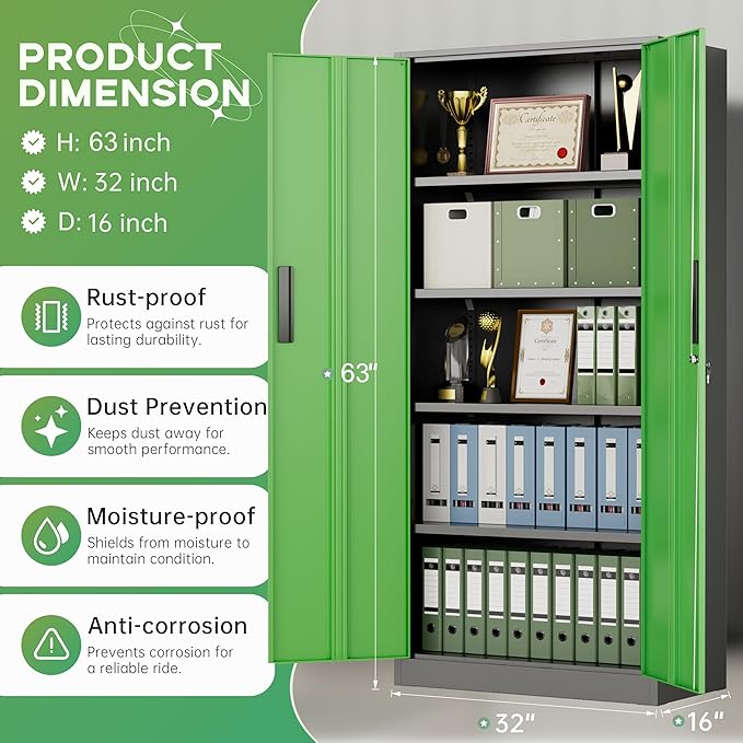 INTERGREAT Metal Storage Cabinet with Lock, 63" H Metal Cabinets Storage with 2 Doors and 4 Adjustable Shelves, Locking Garage Cabinet for Home Office, Kitchen, Bathroom (Black Green)