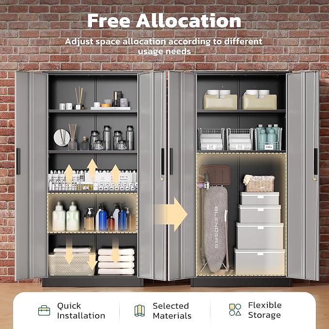Greenvelly Metal Lockable Storage Cabinet, 72” Storage Cabinet with 2 Doors and 4 Adjustable Shelves for Office, Home, Garage, Pantry (Assembly Required, Black Grey)