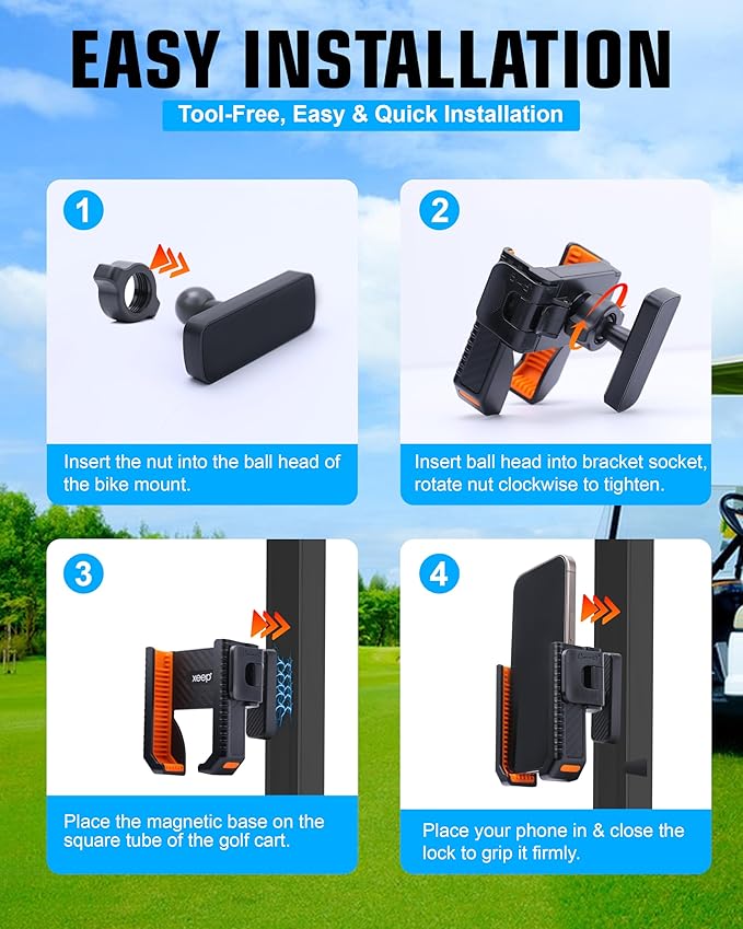 XEEP 2025 Magnetic Golf Cart Phone Holder 8pcs N52 Magnets, 360° Rotation, One-Touch Lock, Golf Phone Holder for Ezgo Club Car Yamaha, Golf Cart Cell Phone Holder for All 4.5-7" Smartphones