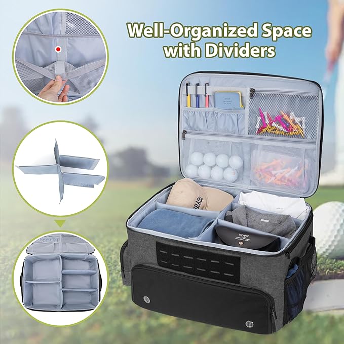Golf Trunk Organizer Storage with Separate Compartment for 2 Pair Shoes Up to US Mens 16, Golf Car Locker Organizer for Balls, Tees, Clothes, Gloves, Accessories, Grey