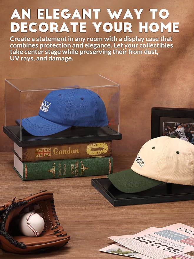 JupDec Hat Display Case, Clear Acrylic Baseball Cap Display Box Stand, UV Protection Signed Hat Transparent Showcase with Solid Wood Base Risers & Hat Shaper, Ideal Gift for Caps Collector, Black