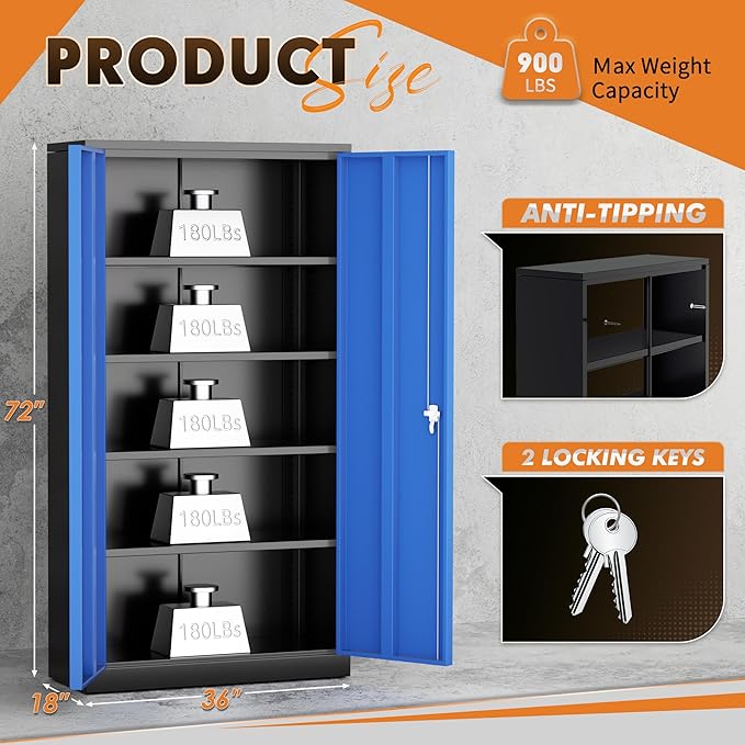 INTERGREAT Metal Storage Cabinet with Doors, 72" Locking Steel Storage Cabinet with Shelves, Tall Metal Cabinet Lockable Steel Cabinets for Home Office, Garage,(Black+Blue)