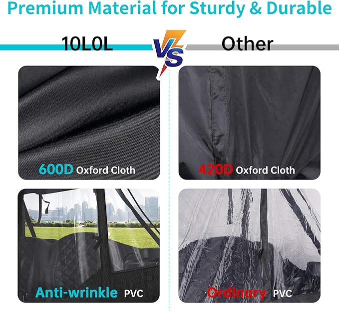 10L0L 2/4 Passenger Golf Cart Driving Enclosure for EZGO TXT/RXV Model, 4-Sided Clear Window 600D Rain Cover All Weather Windproof Waterproof - Black/Beige