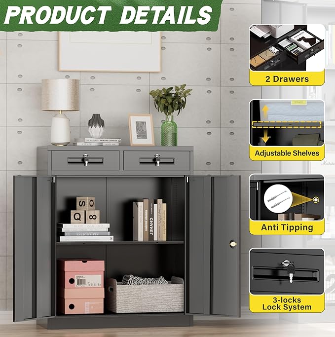 Greenvelly Metal Storage Cabinet with 2 Drawers,36" Black Lockable Metal Cabinets with Doors and Shelves, Steel File Cabinet with Lock for Home Office, Garage, School, Apartment,Warehouse