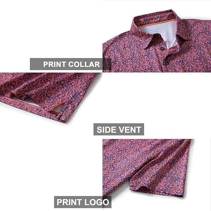Golf Shirts for Men Dry Fit Short Sleeve Print Performance Moisture Wicking Polo Shirt