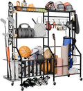 Sports Equipment Organizer Pro, Heavy Duty Golf Bags Stand, Extra Large Ball Storage Rack for Garage, Sports Gear Storage with Pegboard and Hooks, 360° Swivel Wheels
