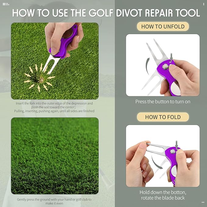 Skylety 4 Pcs Golf Divot Repair Tool Metal Foldable Golf Divot Tool with Magnetic Pop-up Button Ball Marker Stainless Steel Switchblade for Golfers Prizes