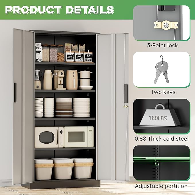 INTERGREAT Metal Storage Cabinet for Garage,72" Lockable Storage Cabinets with Doors and Adjustable Shelves,Black Steel Locking Cabinet for Garage,Office,Home,Gym,School (Black Grey)