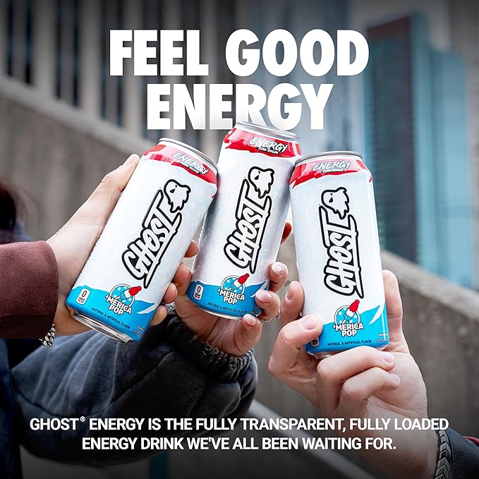 GHOST Energy Drink - 12-Pack, 'Merica Pop, 16oz Cans - Energy & Focus & No Artificial Colors - 200mg of Natural Caffeine, L-Carnitine & Taurine - Gluten-Free & Vegan