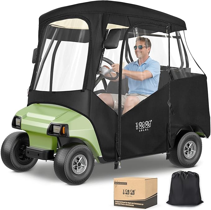 10L0L Golf Cart Driving Enclosure for 2 Passenger Club Car DS & Precedent, Waterproof Windproof Oxford Cloth 4-Sided Full Protection Club Car Rain Cover Weather Enclosure (Black/Transparent)