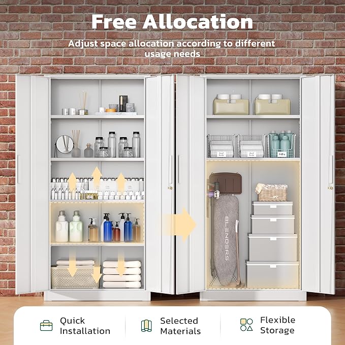 Greenvelly Metal Lockable Storage Cabinet, 72” Storage Cabinet with 2 Doors and 4 Adjustable Shelves for Office, Home, Garage, Pantry (Assembly Required, White)