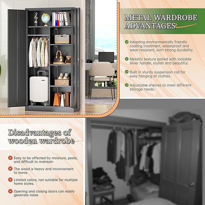 Greenvelly Metal Wardrobe Cabinet with Locking Doors, 72"H Black Metal Wardrobe Closet with Hanging Rods and Adjustable Shelves, Clothing Storage Closet for Home, Office, Employee, Gym (16" D x 32" W)