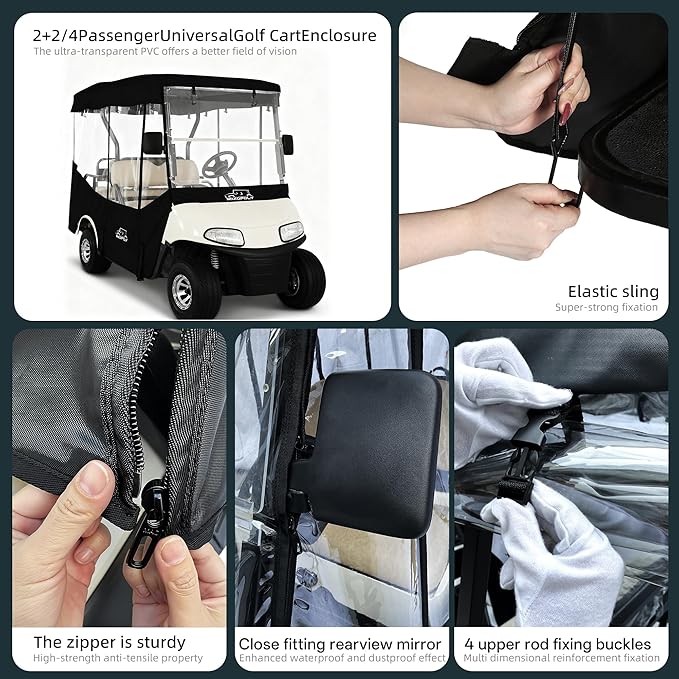 Golf Cart Enclosure Rain Cover 2&4Passenger, EZGO TXT RXV/Club Car Ds&Precedent and Yamaha, 600D Rain Cover Waterproof Windproof Snowproof and All-Weather Protection
