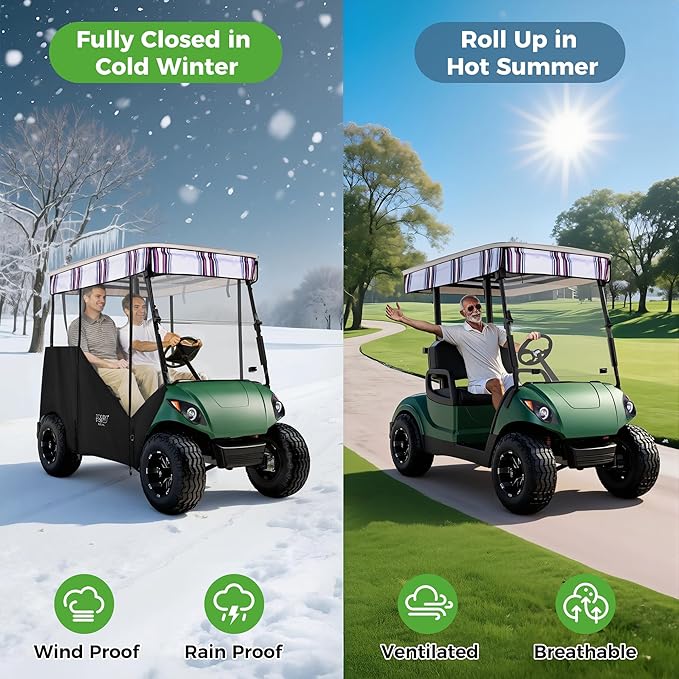 10L0L 3-Sided Track Style Golf Cart Enclosure fit 2 Passenger Yamaha G29 Drive,Waterproof 600D Oxford Cloth Yamaha Rain Cover with Aluminum Pre-Drilled Track,Clear PVC Windshield-Striped Valance