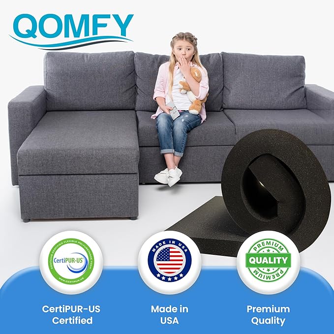 QOMFY 6" Height x 18" Width x 24" Length Charcoal Upholstery Foam Sheet | Made in USA | Multi-Purpose Foam for Upholstery, DIY, Packaging & Acoustic Projects