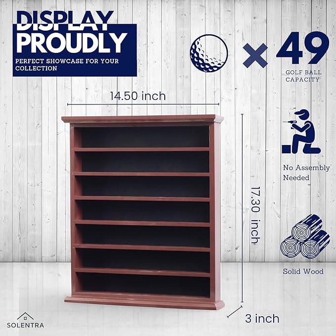49 Golf Ball Display Case – Wooden Wall-Display or Freestanding Rack with Tiered Shelves for Golf Ball Collections