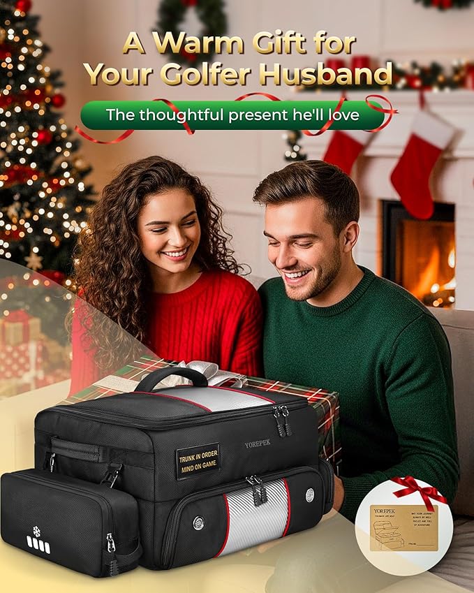 YOREPEK Upgraded Golf Trunk Organizer, Christmas Gifts for Golfers, with Removable Insulated Pouch&Dust-Proof Protective Layer, Multi-Compartment fits 2 Pairs of Shoes, Golf Accessories