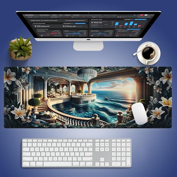 Wknoon. Extra Large Gaming Mouse Pad (31.5" x 11.8") with Durable Stitched Edges – Fantasy World Surreal Palace's Balcony to The Ocean Luxurious Seaside Oasis, Anti-Slip Base Extended XXL Desk Mat