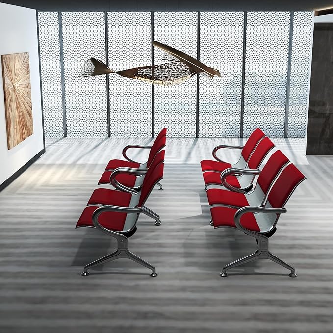 Kinfant 8-Seat Waiting Room Chairs with Arms – Heavy-Duty Steel Frame PU Leather Back & Cushioned Seat, Ergonomic Office Reception Guest Chair for Lobby, Clinic, Airport, Red