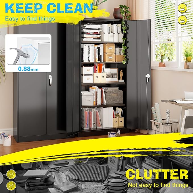 Pataku 71'' Metal Storage Cabinet, Garage Storage Cabinet with 2 Doors and 4 Adjustable Shelves, Steel Lockable Storage Cabinet, Black File Cabinets for Home, Office, Warehouse