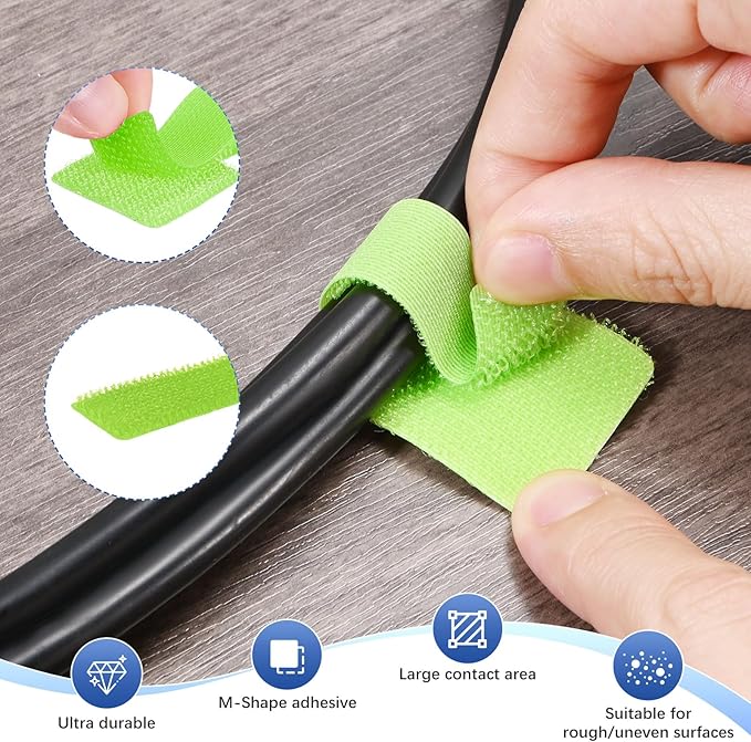 100-Pack Hook and Loop Cable Ties, 3.5 x 1.1 Inch Enhanced Self-Adhesive Cord Organizer for Desk/Home/Wall/Office Essentials, Cable Management Under Desk [Green]