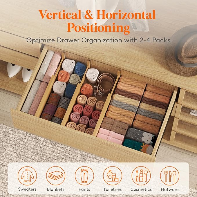 Lifewit 4 Pack 5" Deep Bamboo Drawer Dividers, 13-16.5" Expandable Drawer Organizers for Clothes, Adjustable Dresser Drawer Divider, Clothing Drawer Separators for Dresser, Bedroom, Bathroom, Kitchen