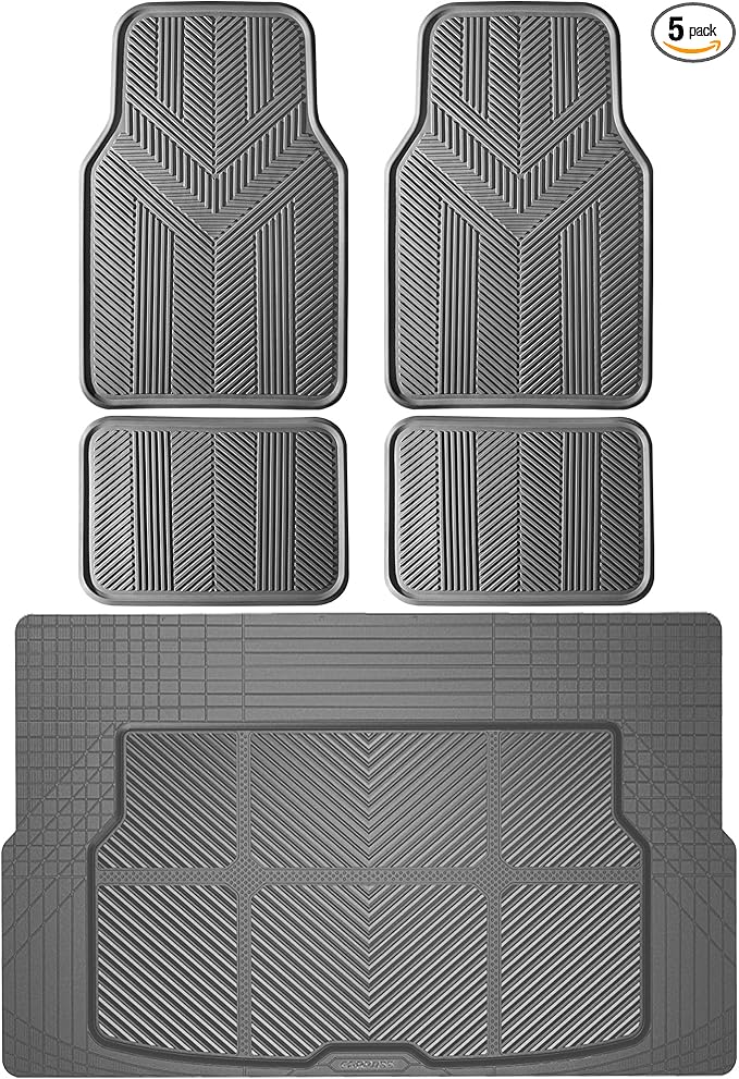 CAR PASS Universal Car Floor Mats & Cargo Liner Full Set, Waterproof Anti-Slip Rubber Trim to Fit Trunk Mats All Weather Protection Fit Car SUV Sedan Coupe Vehicle Automotive 5 Pieces, S-M Size Gray
