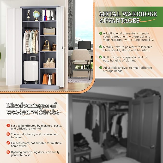 Greenvelly Metal Wardrobe Cabinet with Lock Door, 72" Metal Wardrobe Closet Cabinet with Hanging Rods and Adjustable Shelves, Steel Storage Locker Closet for Home, Office, Employee, Gym (White Grey)