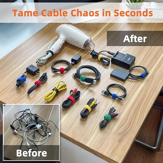 180 PCS Reusable Cable Ties with Hook and Loop, Multi-purpose Adjustable 8 Inch Cable Management Wire Ties Cable Straps for Organizing Home, Office and Data Centers (Multicolored)