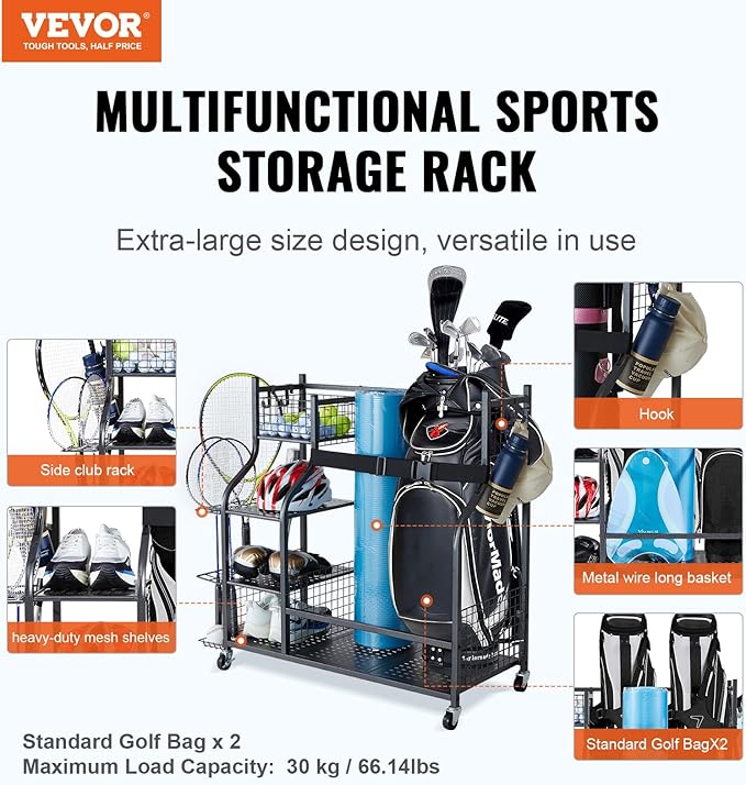 VEVOR Golf Bag Organizer, Golf Bag Storage Rack Stand Holder, Sports Equipment Storage Rack, Golf Storage Organizer for Garage, Sports Gear, Toys Storage Rack Hooks