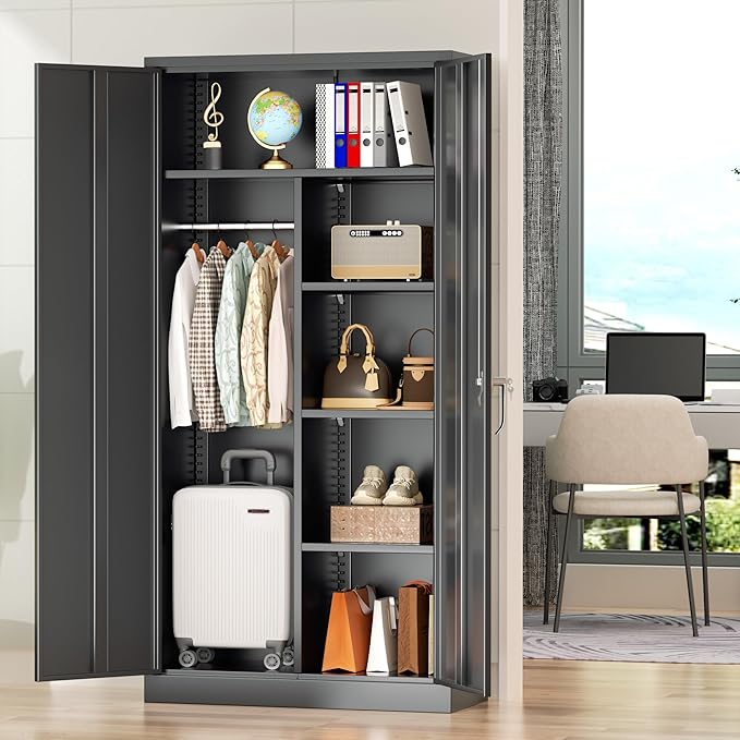 Greenvelly Metal Wardrobe Cabinet with Locking Doors, 72"H Black Metal Wardrobe Closet with Hanging Rods and Adjustable Shelves, Clothing Storage Closet for Home, Office, Employee, Gym (16" D x 32" W)