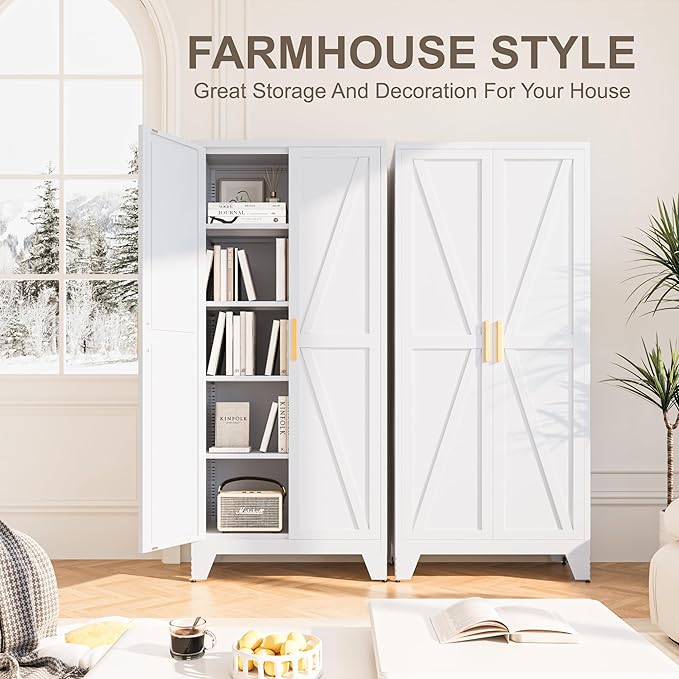 71H Tall Metal Storage Cabinet with 2 Doors and Adjustable Shelves,Farmhouse Storage Cabinet with Barn Doors,Pantry Storage for Home,Office,Dining Room,Kitchen,Bathroom(White)