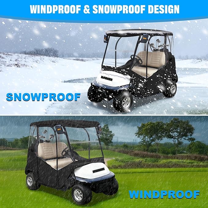 iLSKW Golf Cart Driving Enclosure 2 Passenger Only for Club Car Precedent 2004-Up, Tempo & Onward 2017-Up Cart with Roll Up Door Zipper Design, 4-Side Clear Windows 600D Heavy Duty Rain Cover