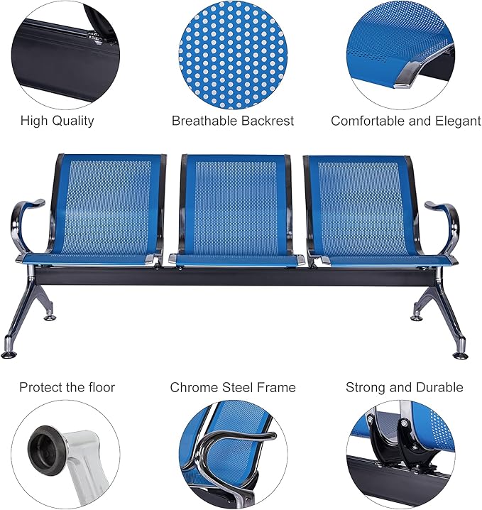 3-Seat Waiting Room Chairs - Waiting Room Bench with Arms Airport Reception Bench Guest Reception Chairs Lobby Bench Waiting Area for Airport Market Bank Hospital School Barbersho, Blue