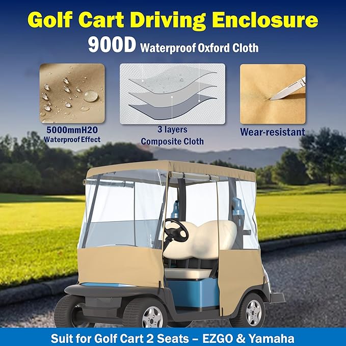 BENVOL Golf Cart Cover, For 2 Seater, Driving Use, 4 Sides Rolled Up, Waterproof, Windproof, Dustproof, 600D Waterproof Oxford Cloth, Super Transparent EVA, For Club Car Precedent/Tempo/ Onward, EZGO