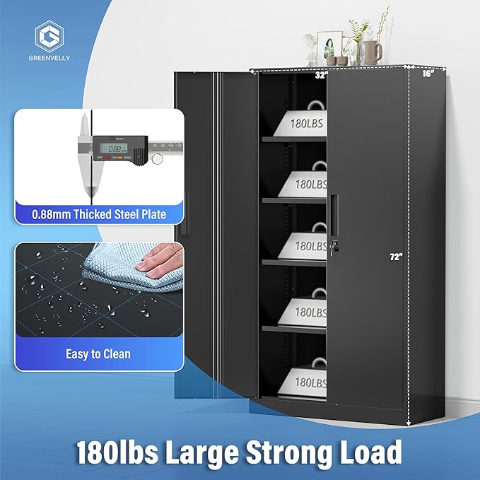 Greenvelly Metal Storage Cabinet, 72" Black Locking Metal Cabinet with 2 Doors and 4 Adjustable Shelves, Lockable Garage Storage Cabinets for Home Office, Garage, Kitchen, Living Room